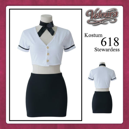 Pekalongan Veloura Stewardess Cosplay Set - Lingerie Kostum Pramugari Seksi Monochrome Crop Shirt Mini Skirt 618