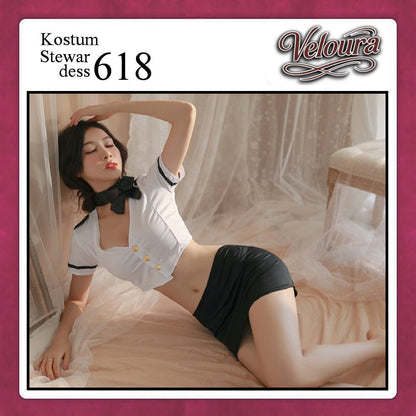 Pekalongan Veloura Stewardess Cosplay Set - Lingerie Kostum Pramugari Seksi Monochrome Crop Shirt Mini Skirt 618