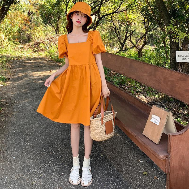 Dress Square Neck Lengan Balon Simple Polos Orange Hitam Dress Bahan Berkualitas Lembut Elegan Dress Pendek Korean Style Simply Aesthetic