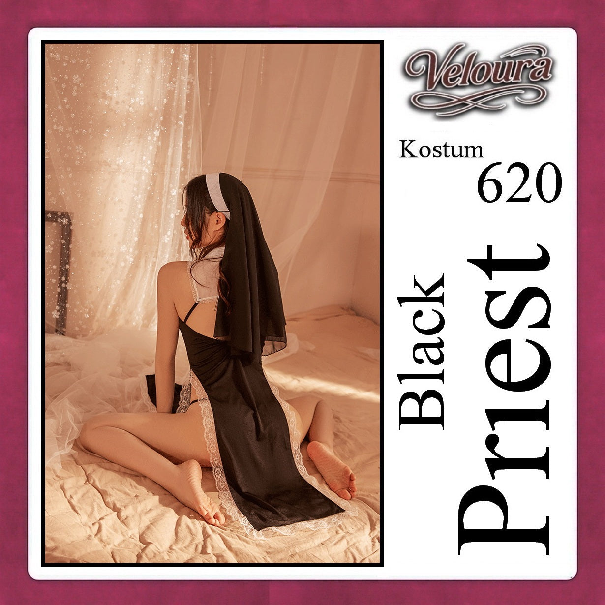 Pekalongan Veloura Black Priest Cosplay Set - Lingerie Kostum Biarawati Seksi High-Slit Cheongsam Backless Dress 620