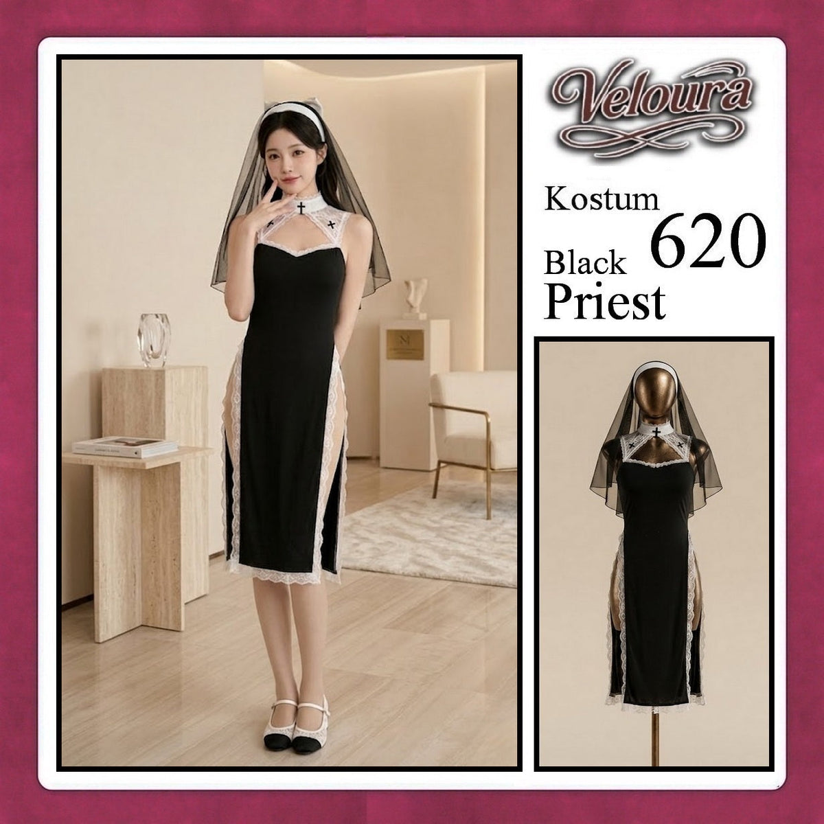Pekalongan Veloura Black Priest Cosplay Set - Lingerie Kostum Biarawati Seksi High-Slit Cheongsam Backless Dress 620