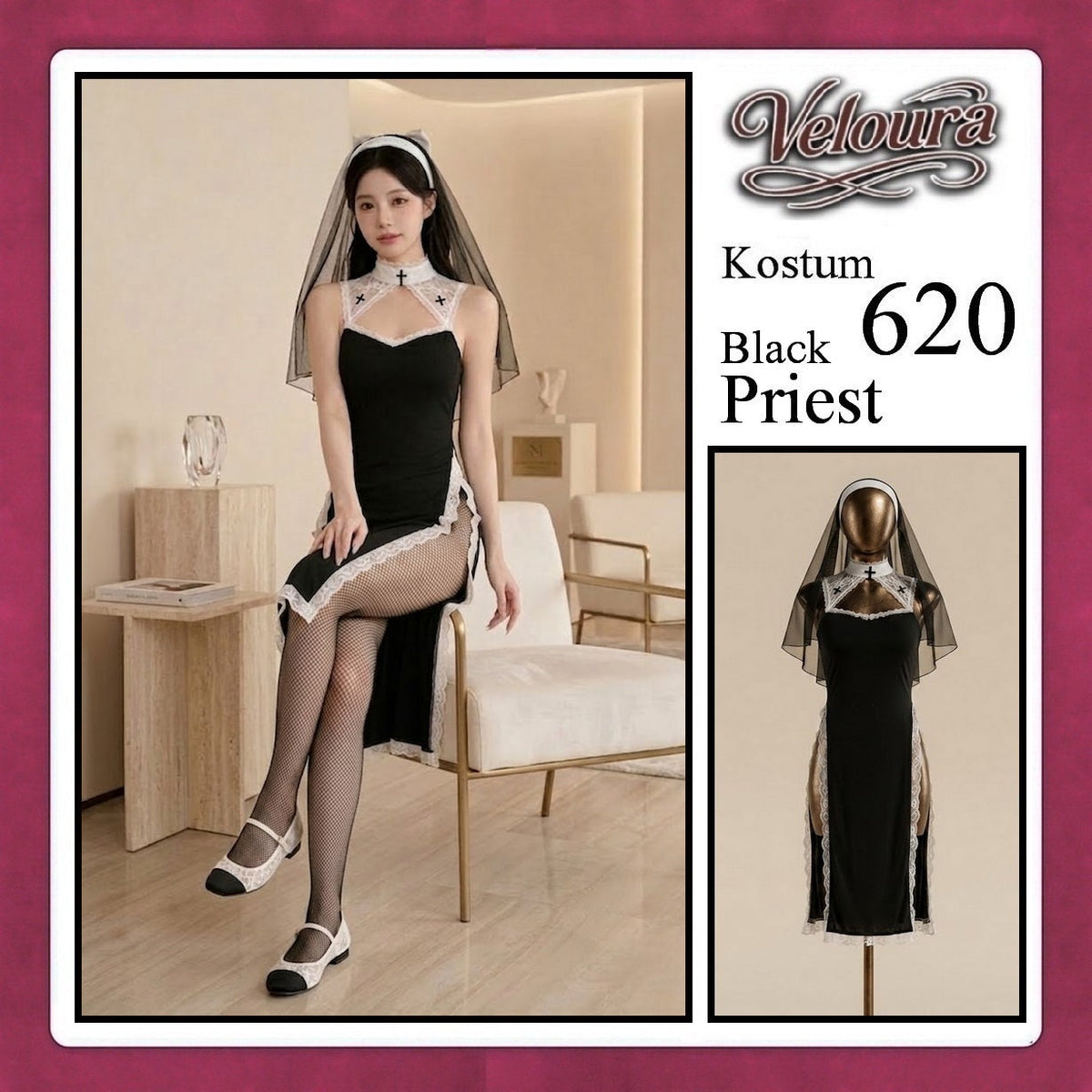 Pekalongan Veloura Black Priest Cosplay Set - Lingerie Kostum Biarawati Seksi High-Slit Cheongsam Backless Dress 620