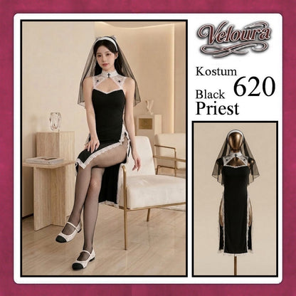 Pekalongan Veloura Black Priest Cosplay Set - Lingerie Kostum Biarawati Seksi High-Slit Cheongsam Backless Dress 620