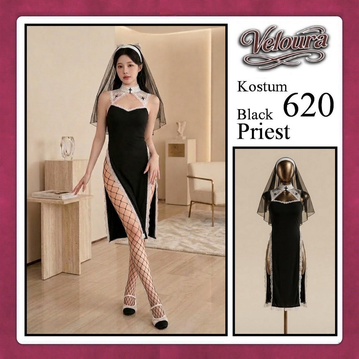 Pekalongan Veloura Black Priest Cosplay Set - Lingerie Kostum Biarawati Seksi High-Slit Cheongsam Backless Dress 620