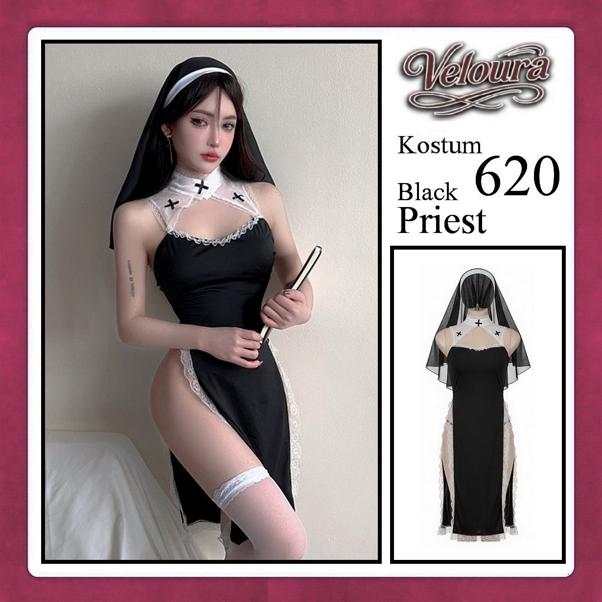 Pekalongan Veloura Black Priest Cosplay Set - Lingerie Kostum Biarawati Seksi High-Slit Cheongsam Backless Dress 620