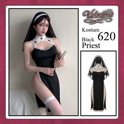 Pekalongan Veloura Black Priest Cosplay Set - Lingerie Kostum Biarawati Seksi High-Slit Cheongsam Backless Dress 620