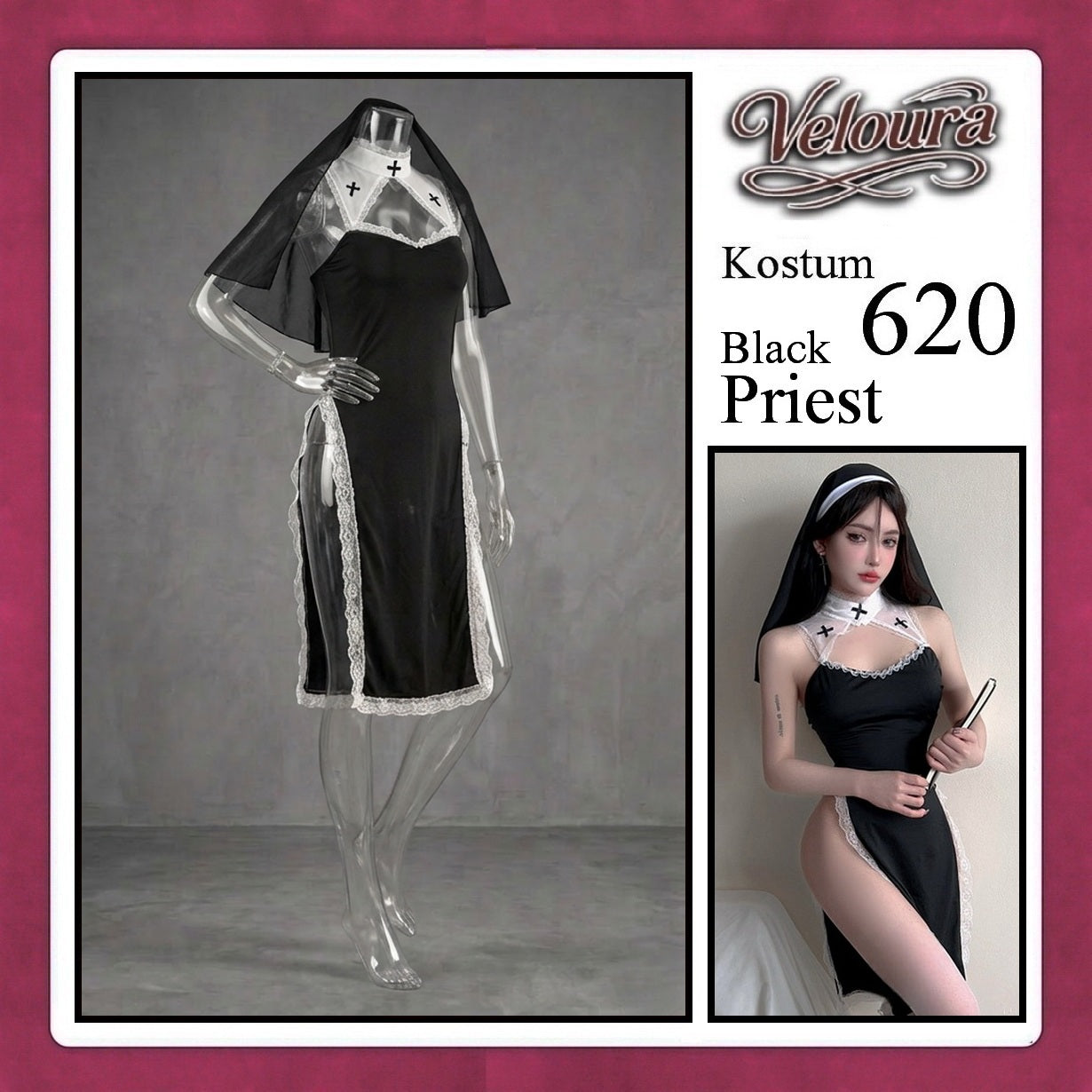 Pekalongan Veloura Black Priest Cosplay Set - Lingerie Kostum Biarawati Seksi High-Slit Cheongsam Backless Dress 620