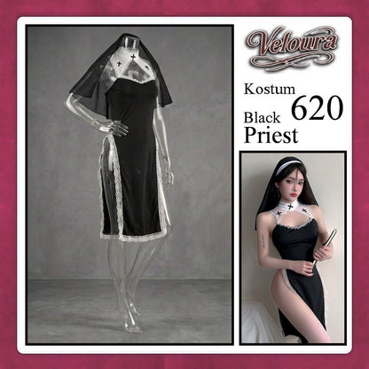 Pekalongan Veloura Black Priest Cosplay Set - Lingerie Kostum Biarawati Seksi High-Slit Cheongsam Backless Dress 620