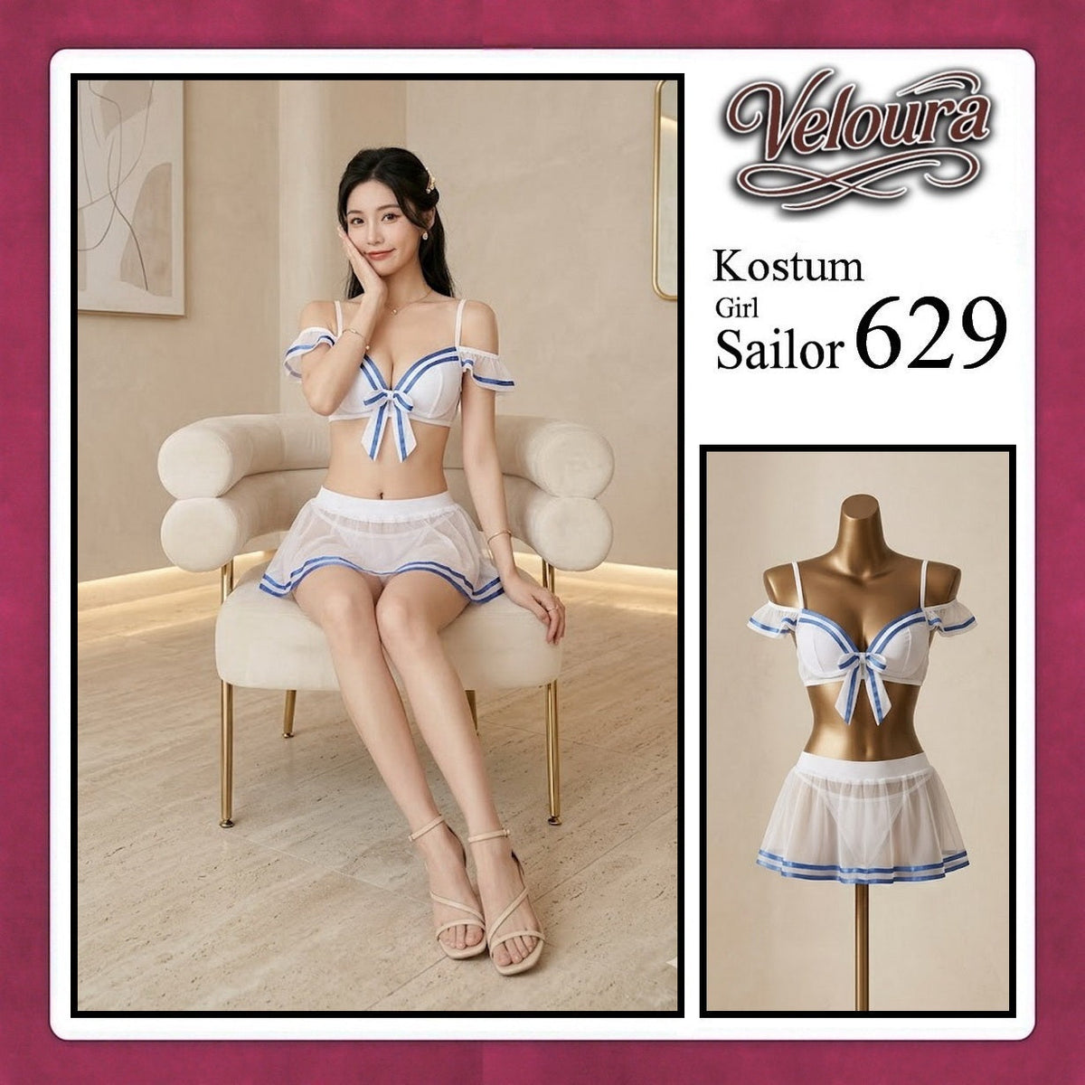 Pekalongan Veloura Girl Sailor Cosplay Set - Lingerie Kostum Pelaut Seksi Two-Piece Mesh Mini Skirt 629