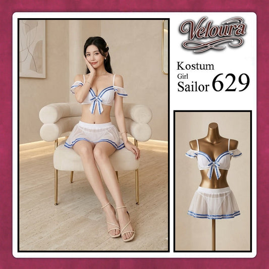 Pekalongan Veloura Girl Sailor Cosplay Set - Lingerie Kostum Pelaut Seksi Two-Piece Mesh Mini Skirt 629