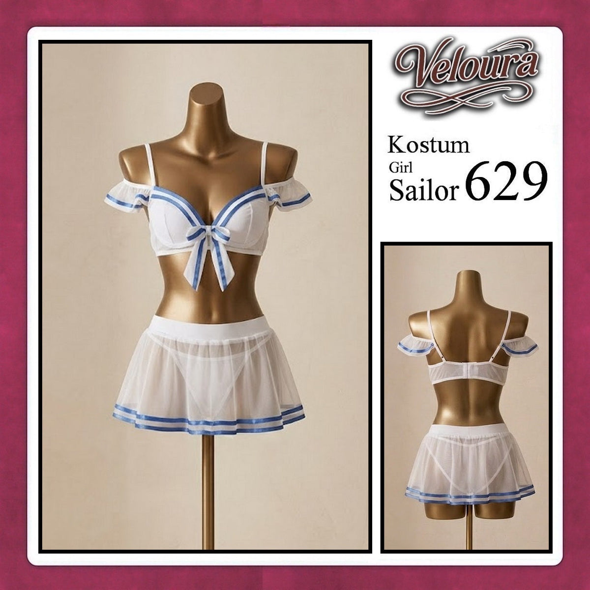 Pekalongan Veloura Girl Sailor Cosplay Set - Lingerie Kostum Pelaut Seksi Two-Piece Mesh Mini Skirt 629