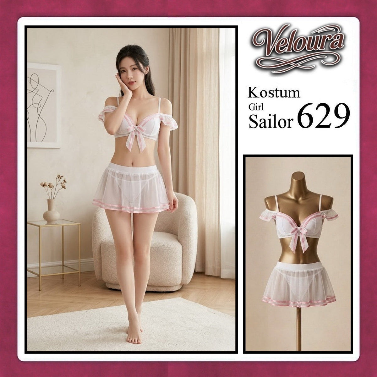 Pekalongan Veloura Girl Sailor Cosplay Set - Lingerie Kostum Pelaut Seksi Two-Piece Mesh Mini Skirt 629