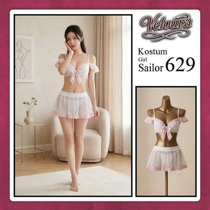 Pekalongan Veloura Girl Sailor Cosplay Set - Lingerie Kostum Pelaut Seksi Two-Piece Mesh Mini Skirt 629