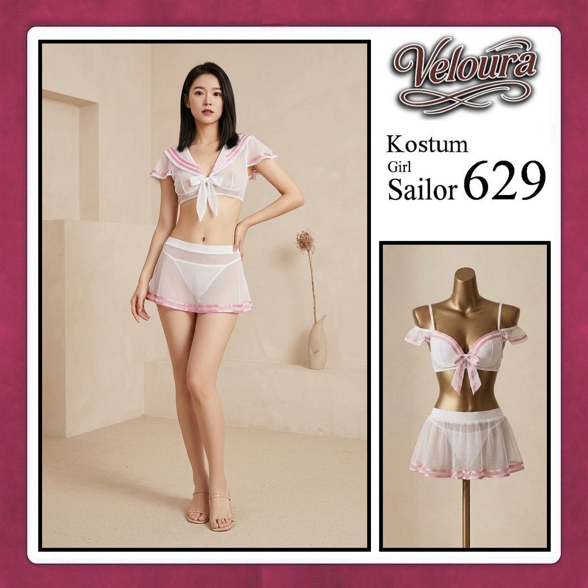 Pekalongan Veloura Girl Sailor Cosplay Set - Lingerie Kostum Pelaut Seksi Two-Piece Mesh Mini Skirt 629