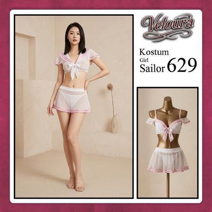 Pekalongan Veloura Girl Sailor Cosplay Set - Lingerie Kostum Pelaut Seksi Two-Piece Mesh Mini Skirt 629