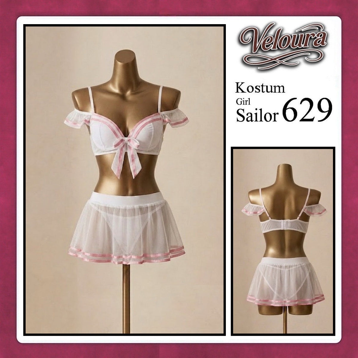 Pekalongan Veloura Girl Sailor Cosplay Set - Lingerie Kostum Pelaut Seksi Two-Piece Mesh Mini Skirt 629