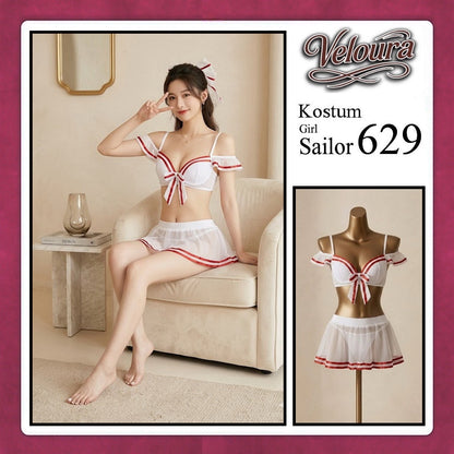 Pekalongan Veloura Girl Sailor Cosplay Set - Lingerie Kostum Pelaut Seksi Two-Piece Mesh Mini Skirt 629