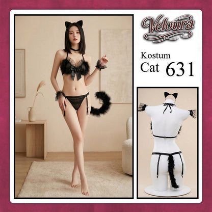 Pekalongan Veloura Pakaian Wanita Sexy Lingerie Bra dan G string Set - Tema Kucing Cosplay Cat Black White 631