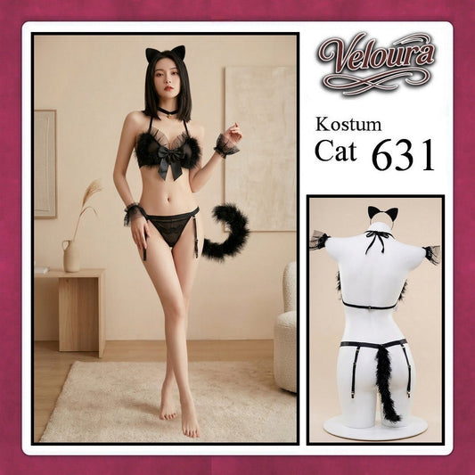 Pekalongan Veloura Pakaian Wanita Sexy Lingerie Bra dan G string Set - Tema Kucing Cosplay Cat Black White 631