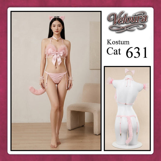 Pekalongan Veloura Pakaian Wanita Sexy Lingerie Bra dan G string Set - Tema Kucing Cosplay Cat Black White 631