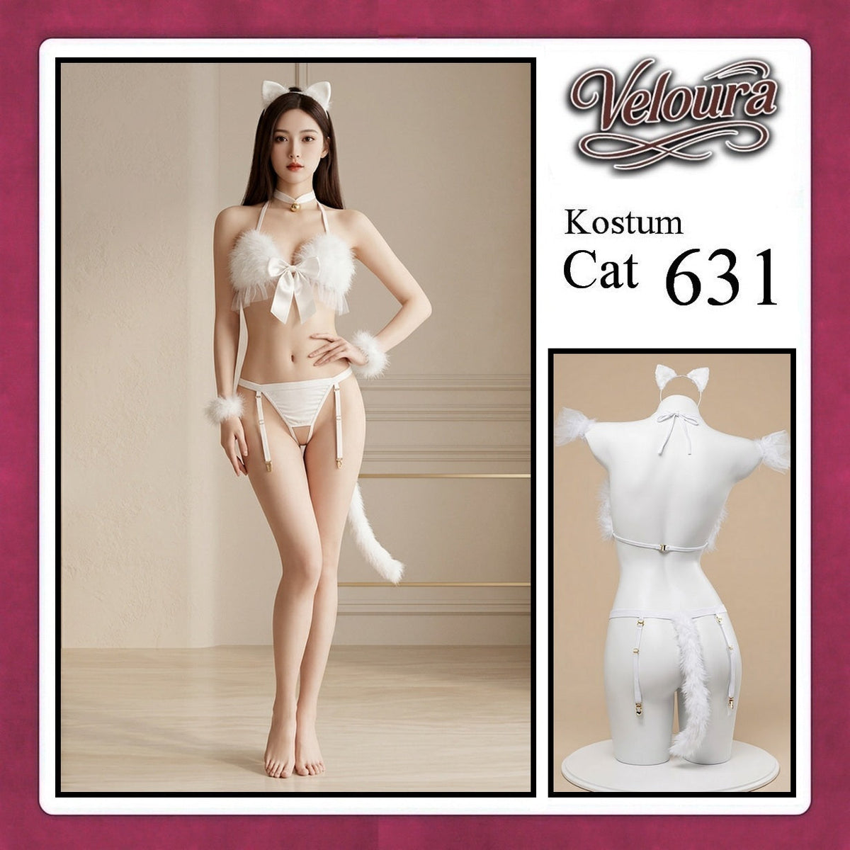 Pekalongan Veloura Pakaian Wanita Sexy Lingerie Bra dan G string Set - Tema Kucing Cosplay Cat Black White 631