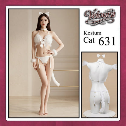 Pekalongan Veloura Pakaian Wanita Sexy Lingerie Bra dan G string Set - Tema Kucing Cosplay Cat Black White 631