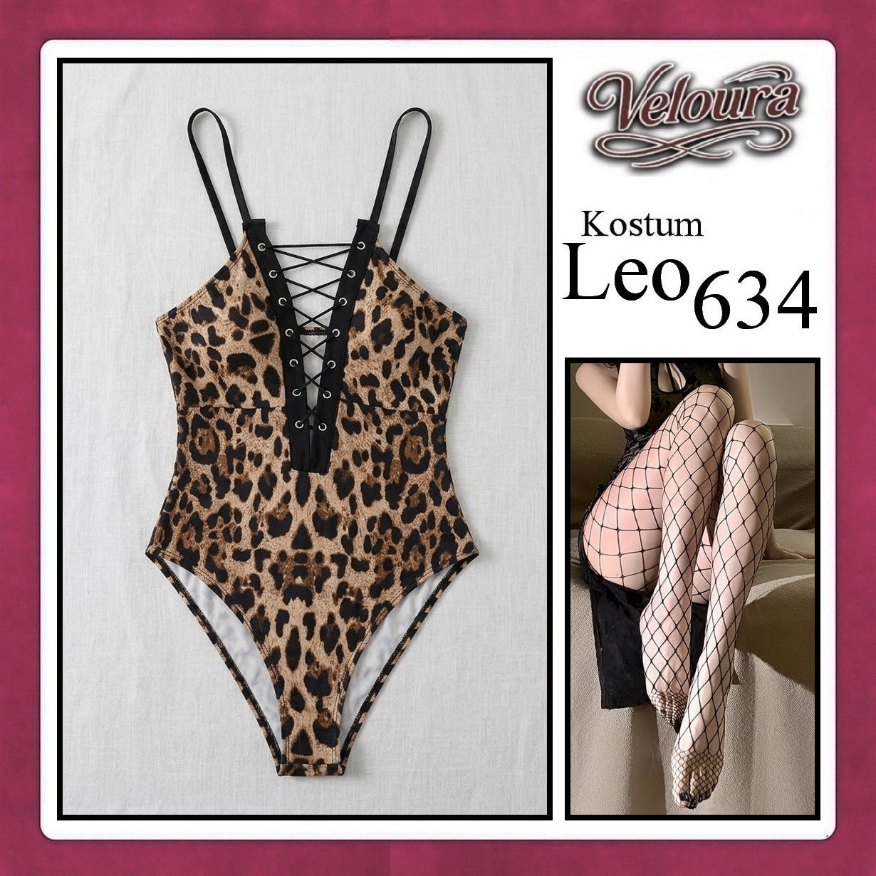 Pekalongan Veloura Leo Cosplay Set - Lingerie Kostum Macan Tutul Seksi One-Piece Lace-Up Bodysuit 634