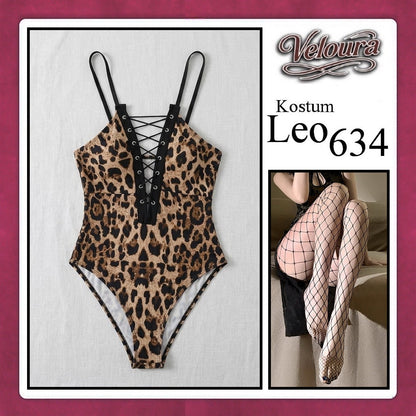 Pekalongan Veloura Leo Cosplay Set - Lingerie Kostum Macan Tutul Seksi One-Piece Lace-Up Bodysuit 634
