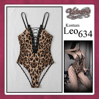 Pekalongan Veloura Leo Cosplay Set - Lingerie Kostum Macan Tutul Seksi One-Piece Lace-Up Bodysuit 634