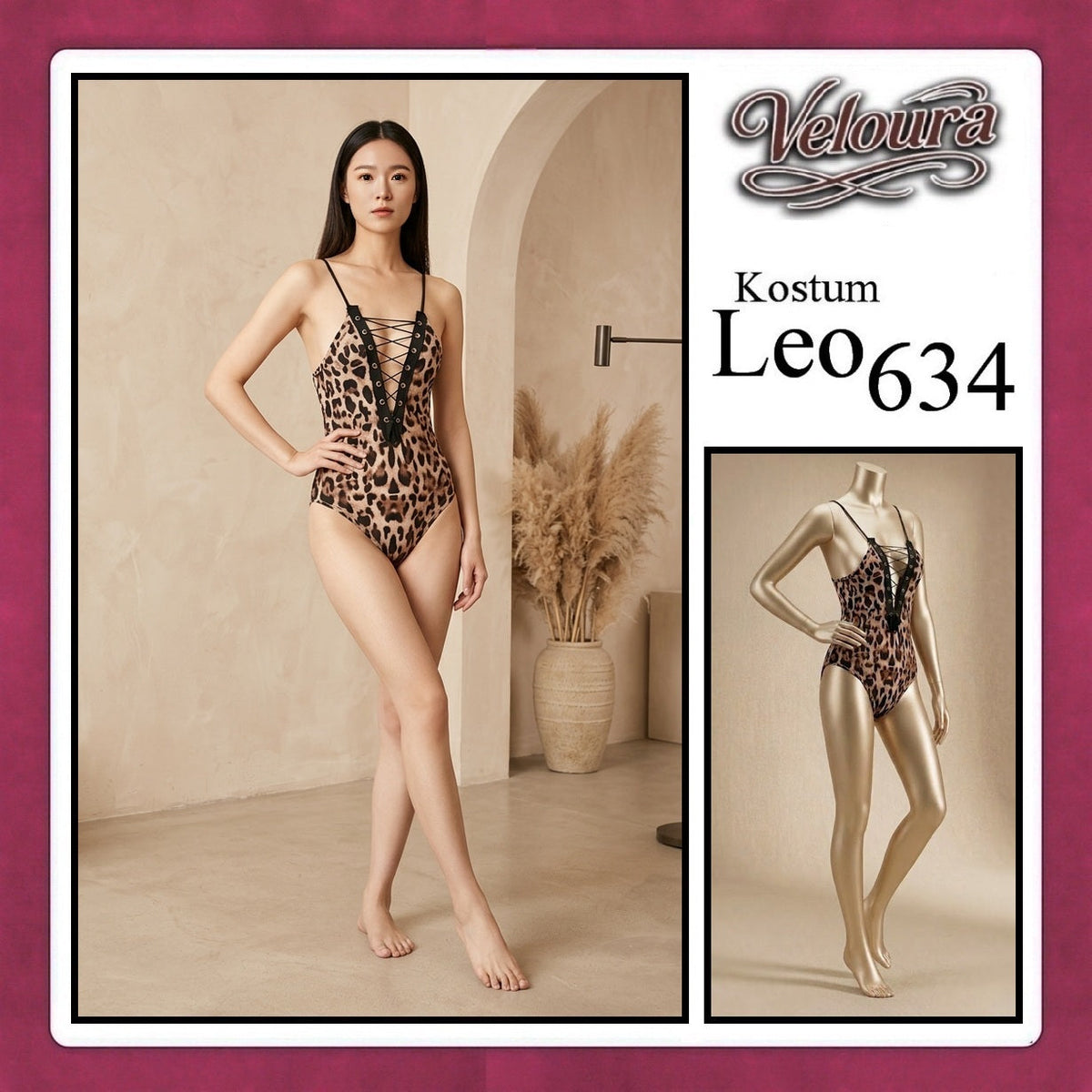 Pekalongan Veloura Leo Cosplay Set - Lingerie Kostum Macan Tutul Seksi One-Piece Lace-Up Bodysuit 634