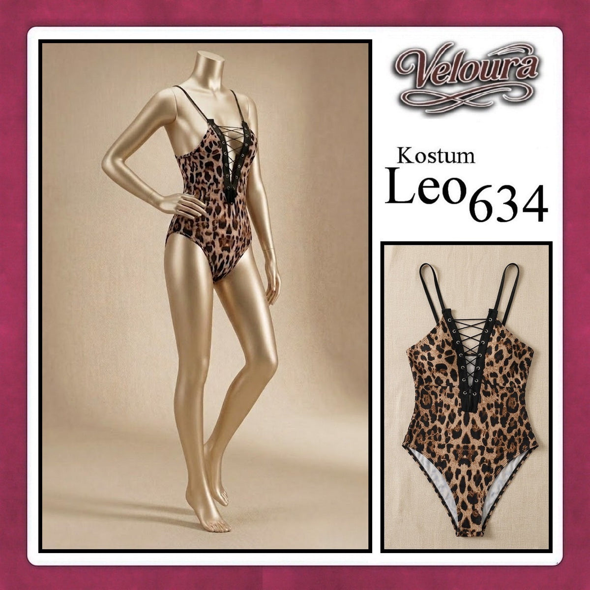Pekalongan Veloura Leo Cosplay Set - Lingerie Kostum Macan Tutul Seksi One-Piece Lace-Up Bodysuit 634