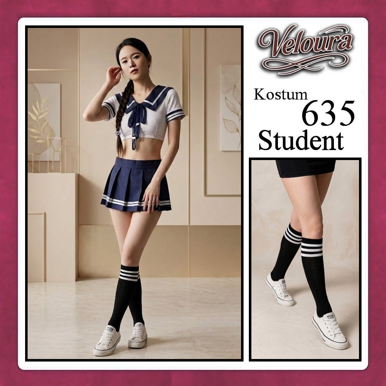 Pekalongan Veloura Student Cosplay Set - Lingerie Kostum Seragam Sekolah Seksi Sailor Crop Top & Pleated Mini Skirt 635