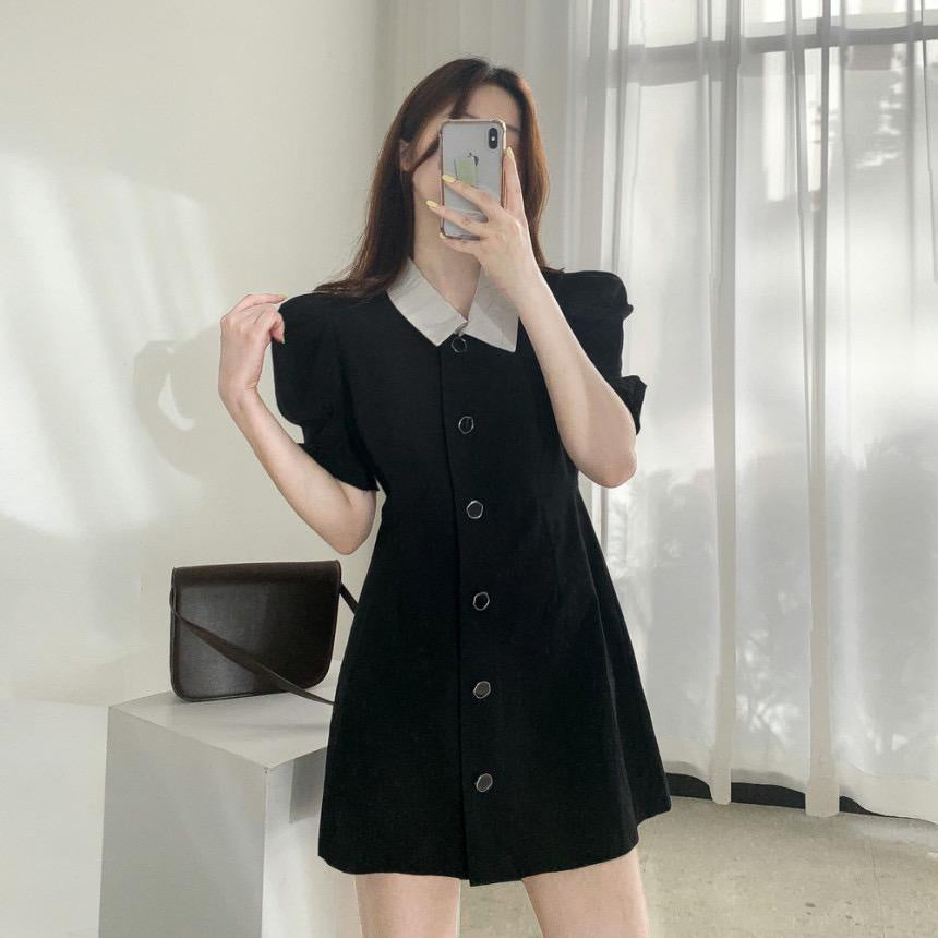 Dress Full Kancing Simple Elegan Dress Kerah Putih Dress Polos Berkualitas Korean Style Short Dress Model Simply Dress Lengan Pendek Nyaman Dress Berkerah Lembut Berkualitas