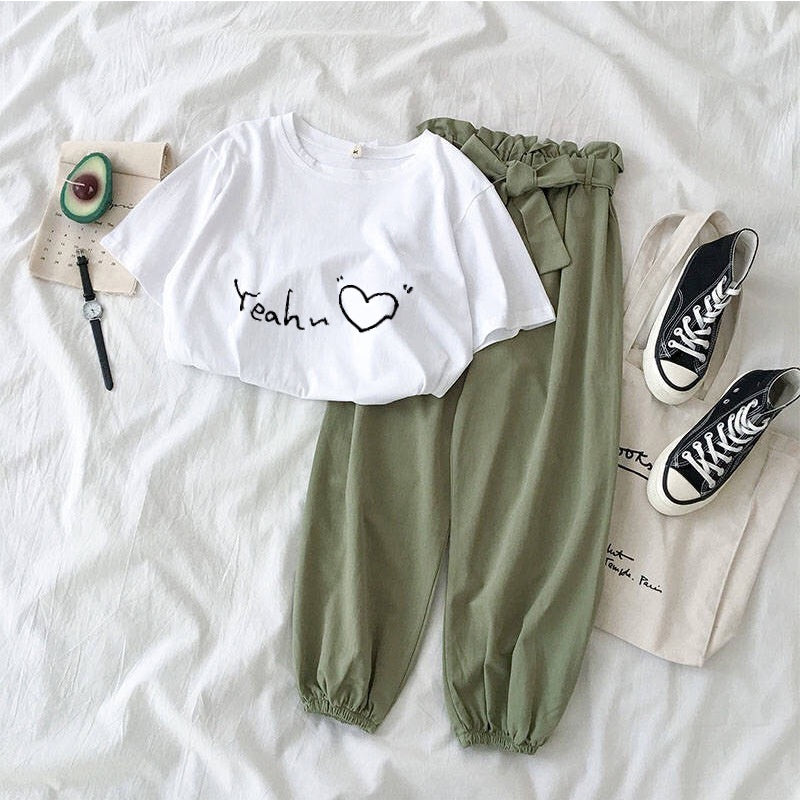 Setelan Wanita Daily Set One Set Oversize Hijau Hati Love Selebgram Korean Style Baju 1 Set Kaos Celana Karet Lembut Berkualitas