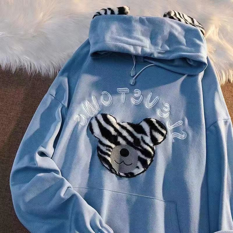 Hoodie Oversize Beruang Motif Warna Zebra Telinga Hitam Putih Lucu Cute Black White Bear Hoodie Bordir Lucu Unik Berkualitas Hoodie Beruang Bulu Lembut Hoodie Couple Unisex Korean Style