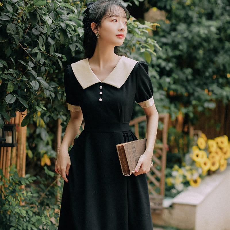 Dress Collar With Pearl Gaun Wanita Panjang Lengan Pendek Two Tone Color Maroon Hitam Simple Berkualitas Dress Berkerah Kasual Simply Korean Style