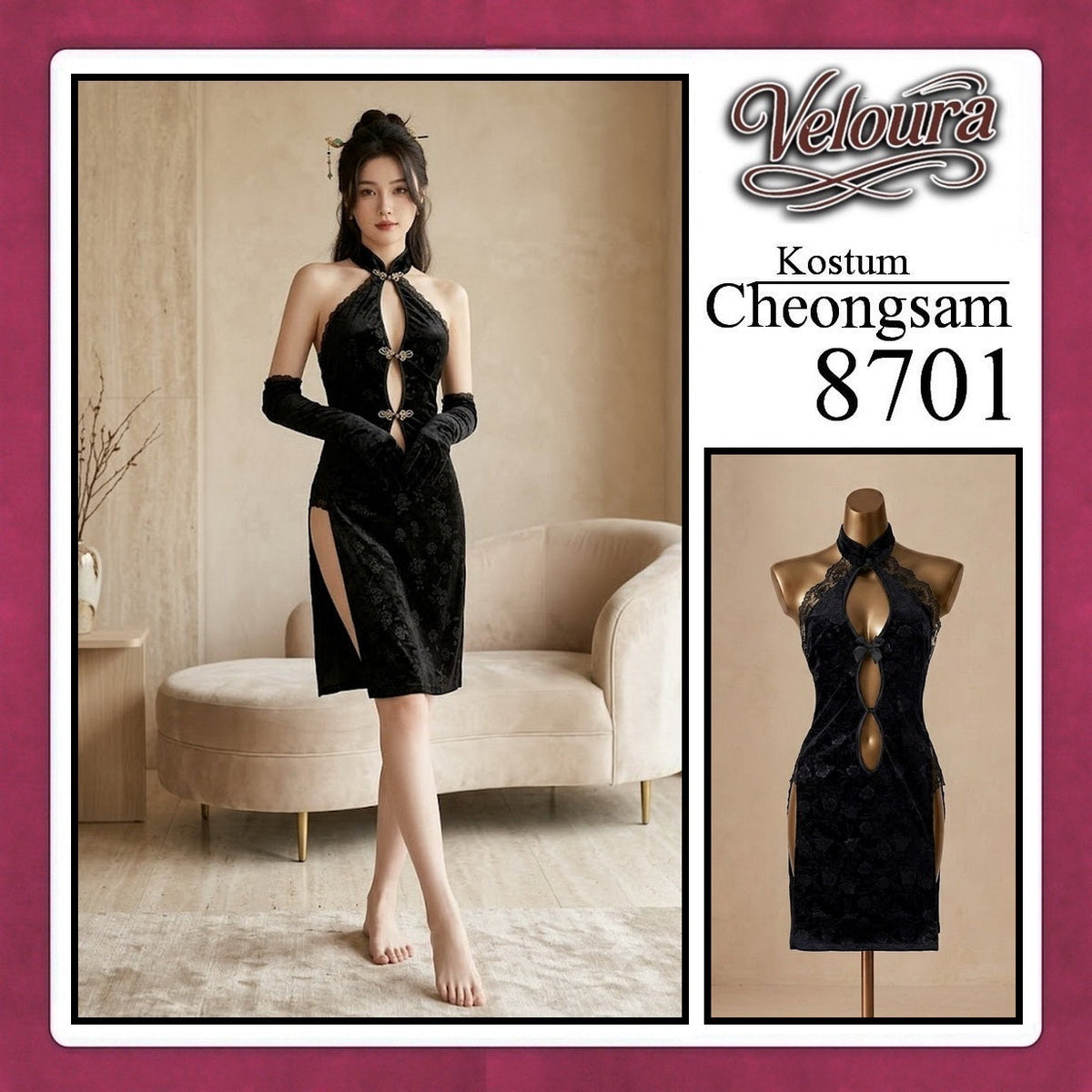 Pekalongan Veloura Pakaian Cheongsam Mini Kostum Lingerie Set Dress Sexy Model Baju China 8701