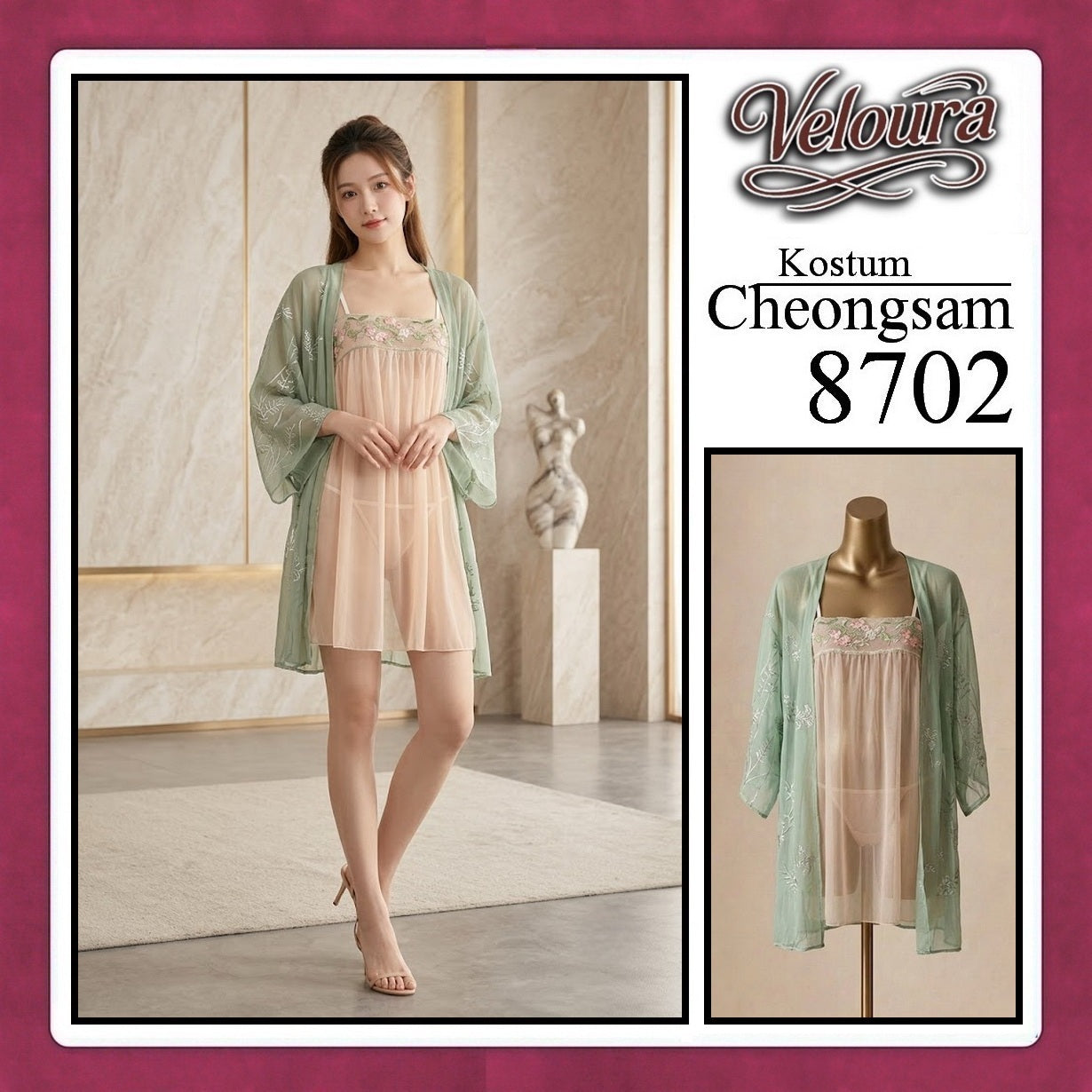 Pekalongan Veloura Pakaian Cheongsam Mini Kostum Lingerie Set Dress Sexy Model Baju China 8702