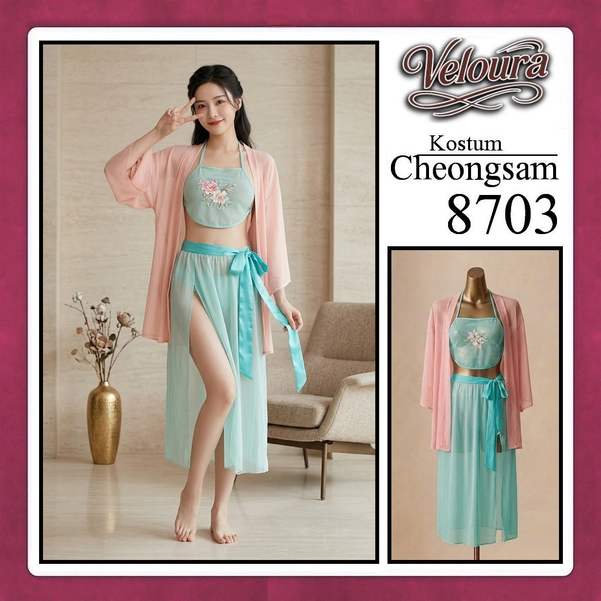 Pekalongan Veloura Pakaian Cheongsam Mini Kostum Lingerie Set Dress Sexy Model Baju China 8703