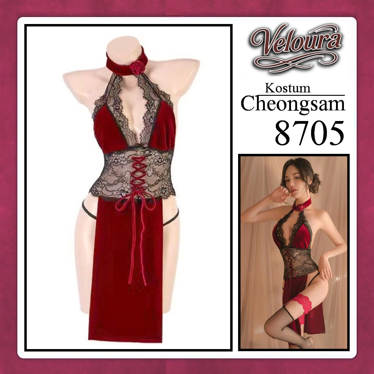 Pekalongan Veloura Pakaian Cheongsam Mini Kostum Lingerie Set Dress Sexy Model Baju China 8705
