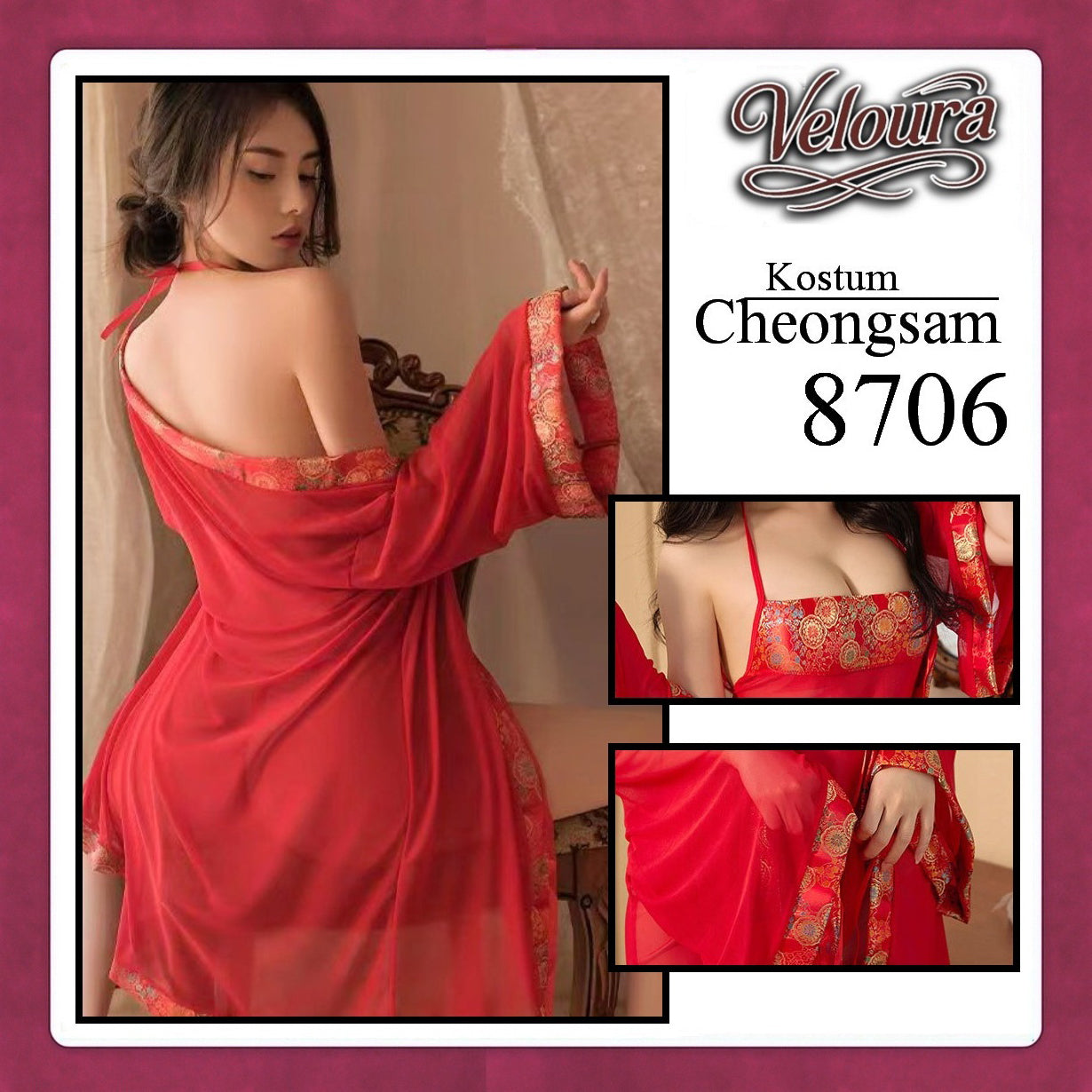 Pekalongan Veloura Pakaian Cheongsam Mini Kostum Lingerie Set Dress Sexy Model Baju China 8706