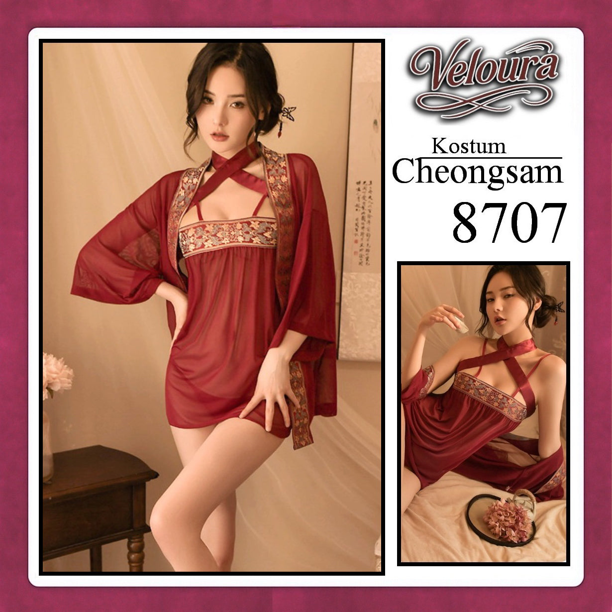 Pekalongan Veloura Pakaian Cheongsam Mini Kostum Lingerie Set Dress Sexy Model Baju China 8707