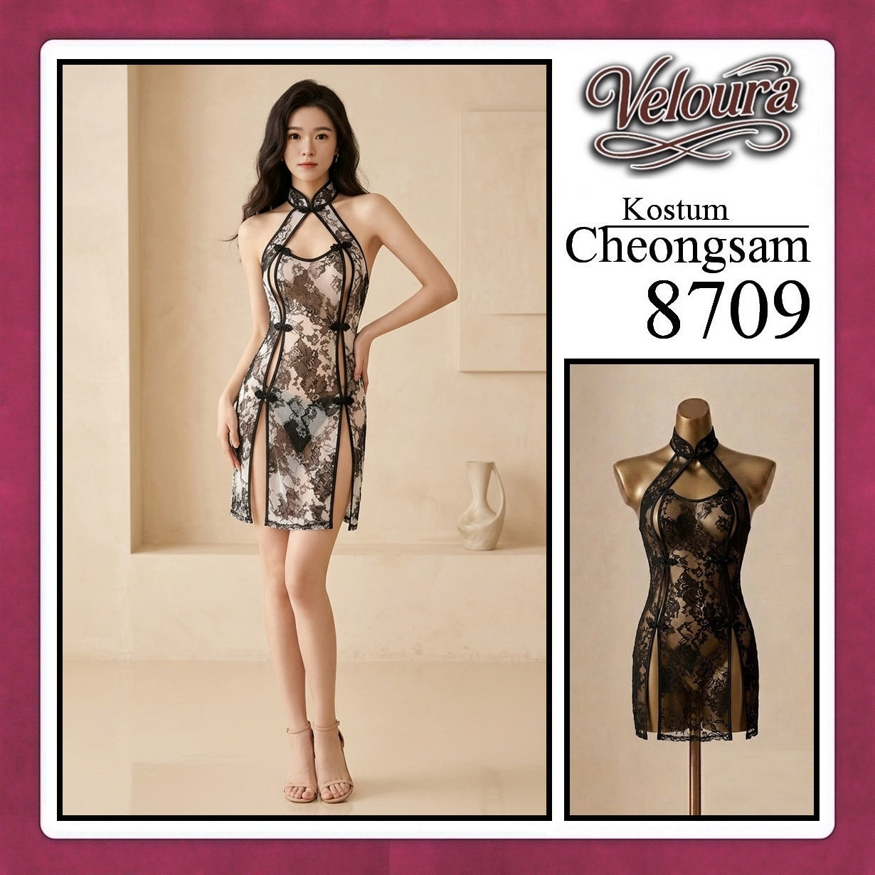 Pekalongan Veloura Pakaian Cheongsam Mini Kostum Lingerie Set Dress Sexy Model Baju China Black And Red 8709