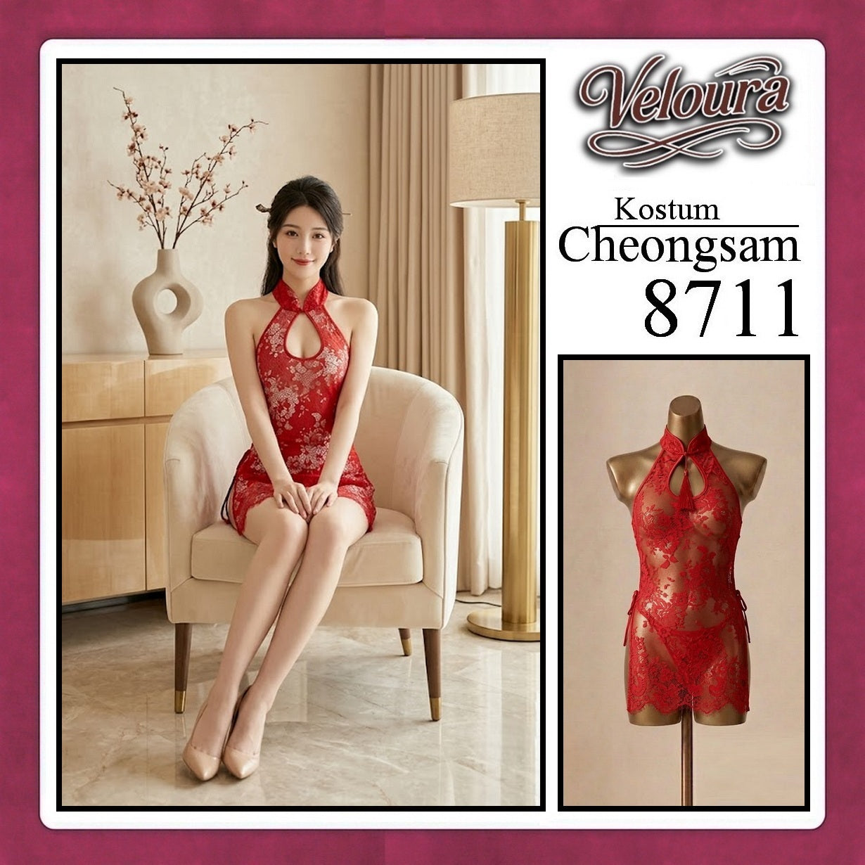 Pekalongan Veloura Pakaian Cheongsam Mini Kostum Lingerie Set Dress Sexy Model Baju China Black Red White 8711