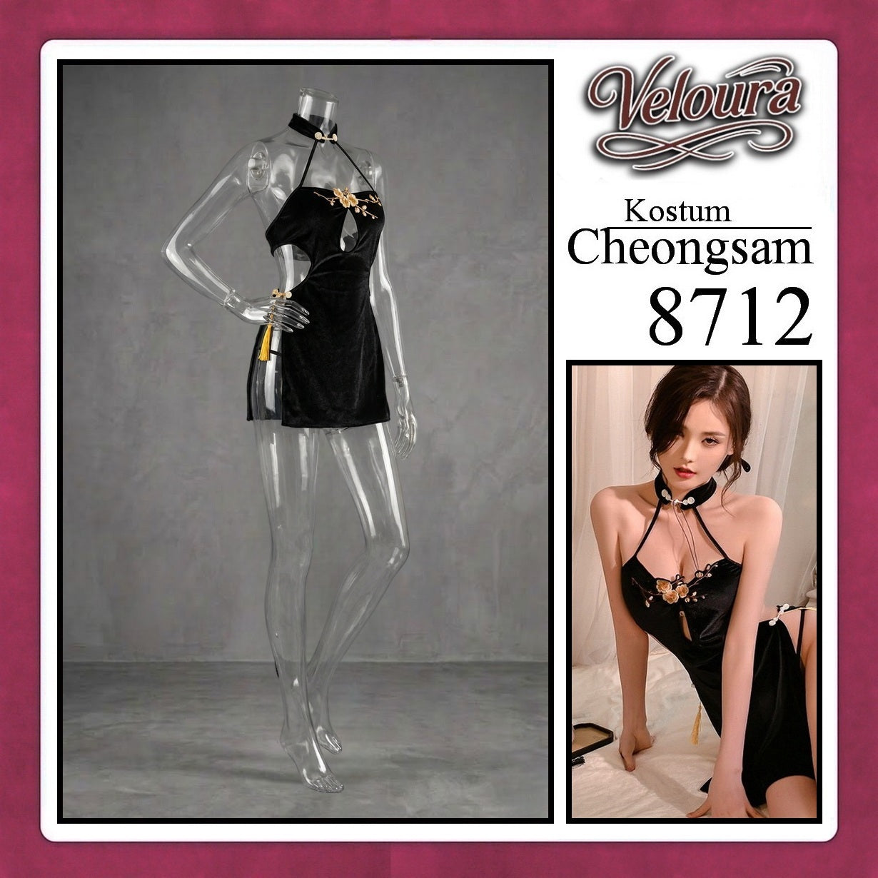 Pekalongan Veloura Pakaian Cheongsam Mini Kostum Lingerie Set Dress Sexy Model Baju China 8712