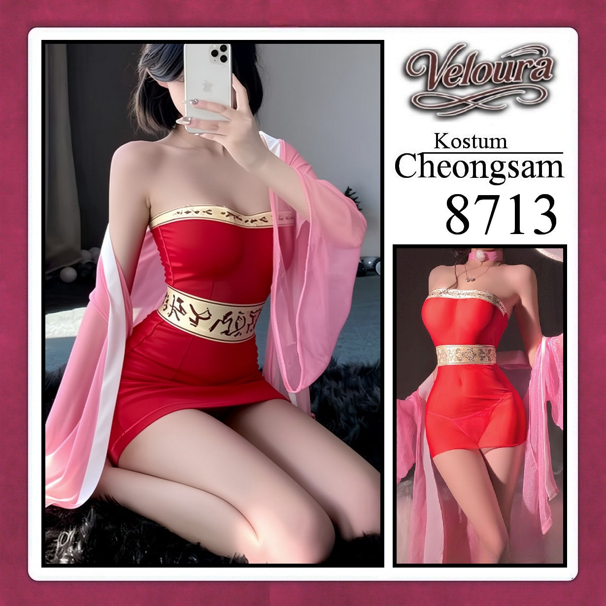 Pekalongan Veloura Pakaian Cheongsam Mini Kostum Lingerie Set Dress Sexy Model Baju China 8713