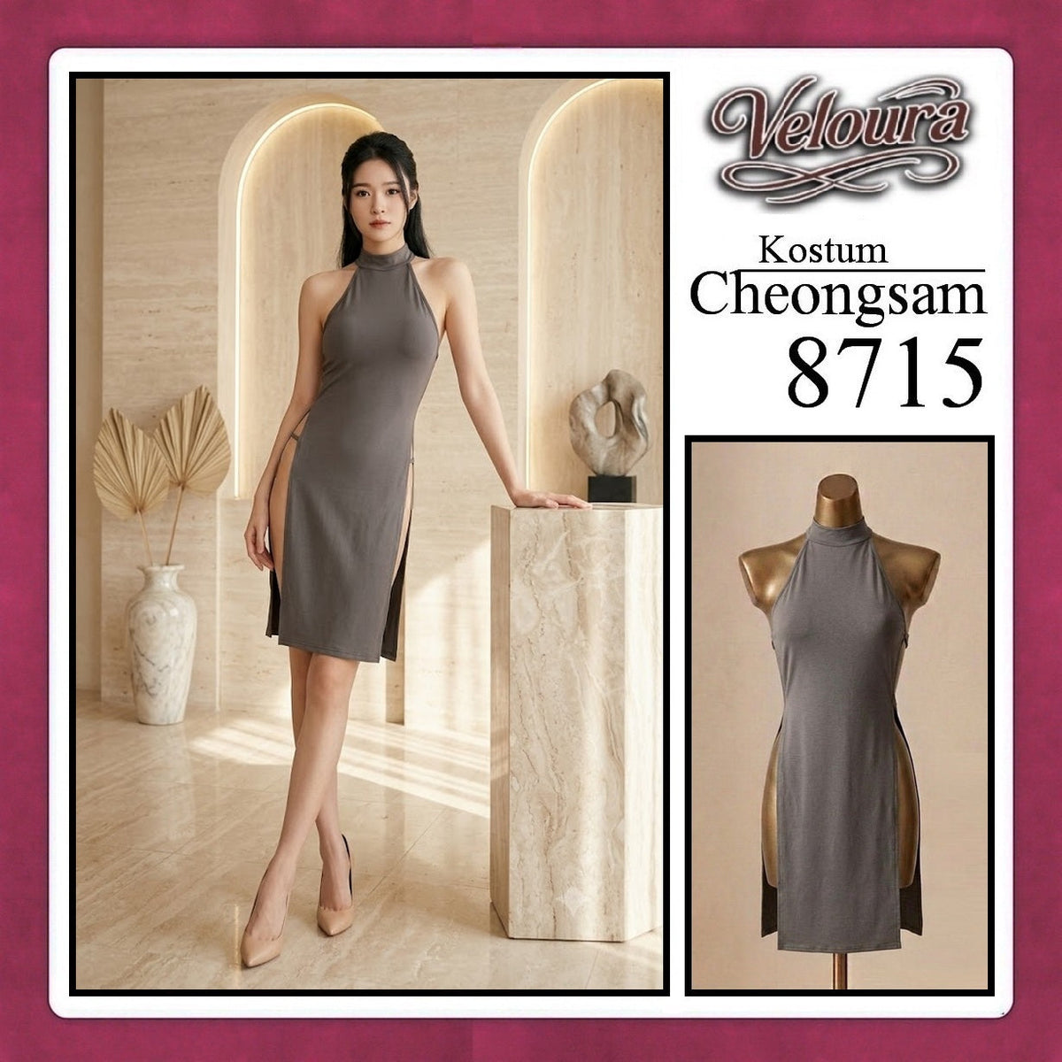 Pekalongan Veloura Pakaian Cheongsam Mini Kostum Lingerie Set Dress Sexy Model Baju China Greey And Black 8715