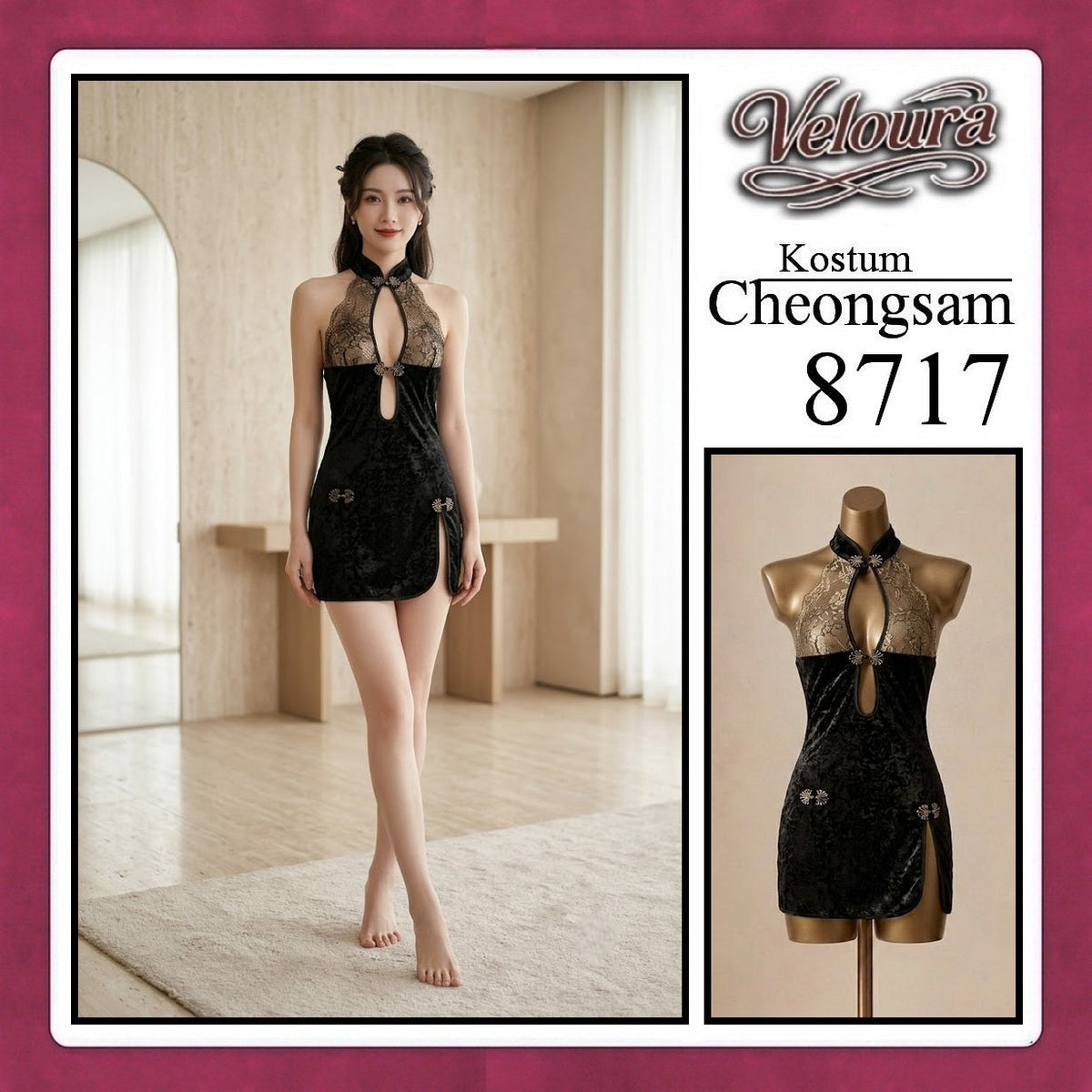 Pekalongan Veloura Pakaian Cheongsam Mini Kostum Lingerie Set Dress Sexy Model Baju China 8716