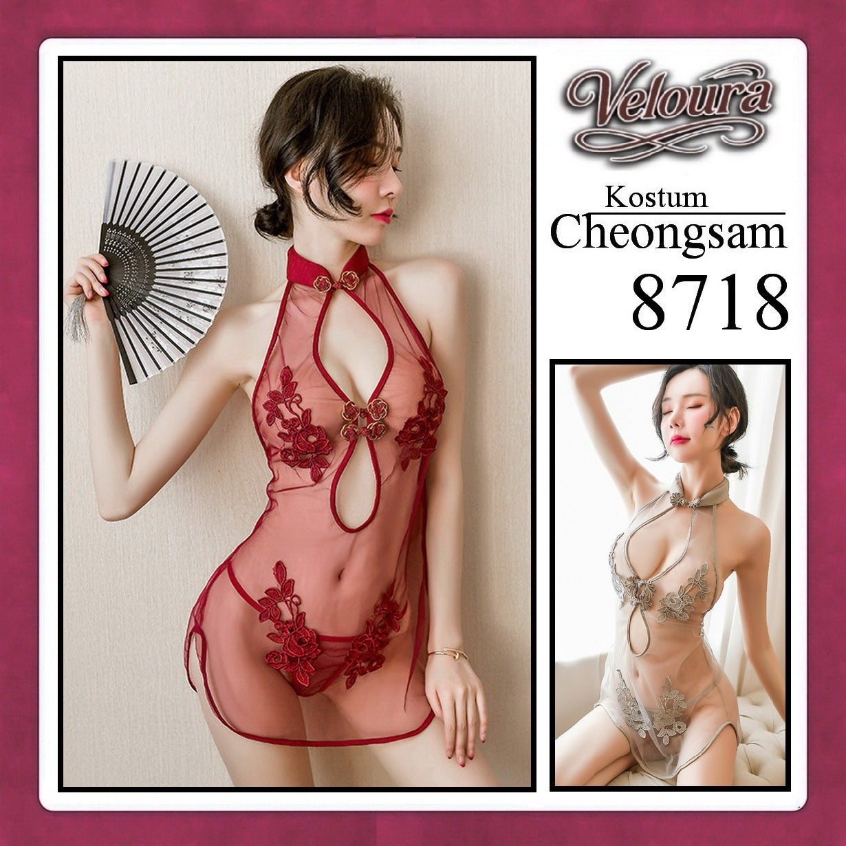 Pekalongan Veloura Pakaian Cheongsam Mini Kostum Lingerie Set Dress Sexy Model Baju China Red And White 8718