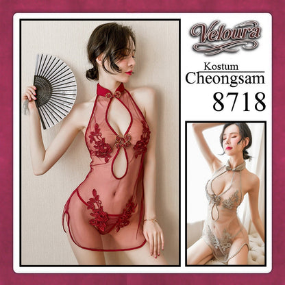Pekalongan Veloura Pakaian Cheongsam Mini Kostum Lingerie Set Dress Sexy Model Baju China Red And White 8718